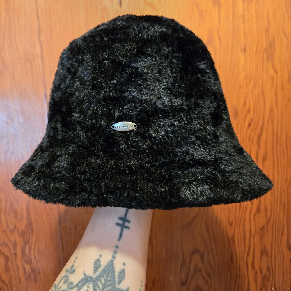 Vtg Black Bucket Hat plush, faux fur Liz Claiborne Womens Mens Y2K 90s Rave edm
